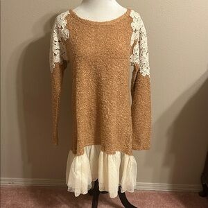 A'Reve Brown and Cream Lace Long Sleeve Dress